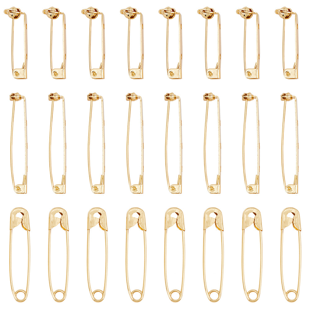 24pcs mixed brooch backs & safety pins, gold tone brooch findings