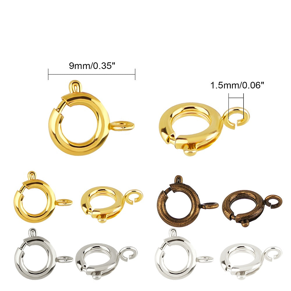 80pcs spring ring clasps, 9mm - 4 colours; gold, copper, bright silver, silver