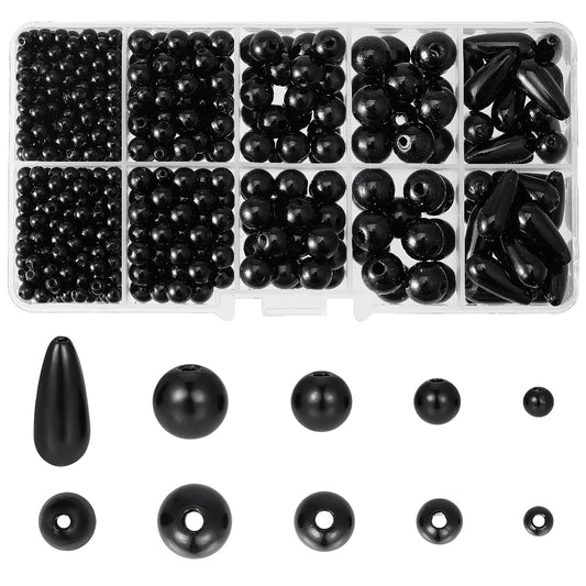 700pcs black imitation pearl beads box, 4-17mm acrylic, round & teardrops