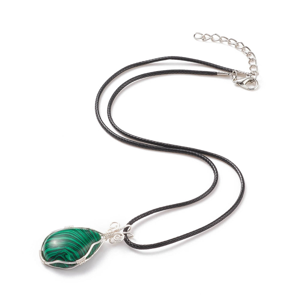 Synthetic malachite teardrop pendant necklace, waxed cord apx. 18" plus extender