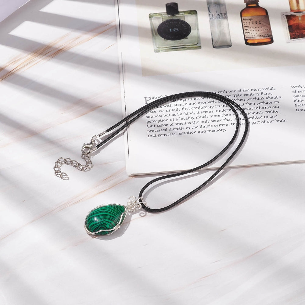 Synthetic malachite teardrop pendant necklace, waxed cord apx. 18" plus extender