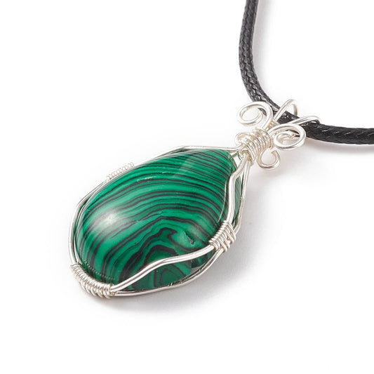 Synthetic malachite teardrop pendant necklace, waxed cord apx. 18" plus extender