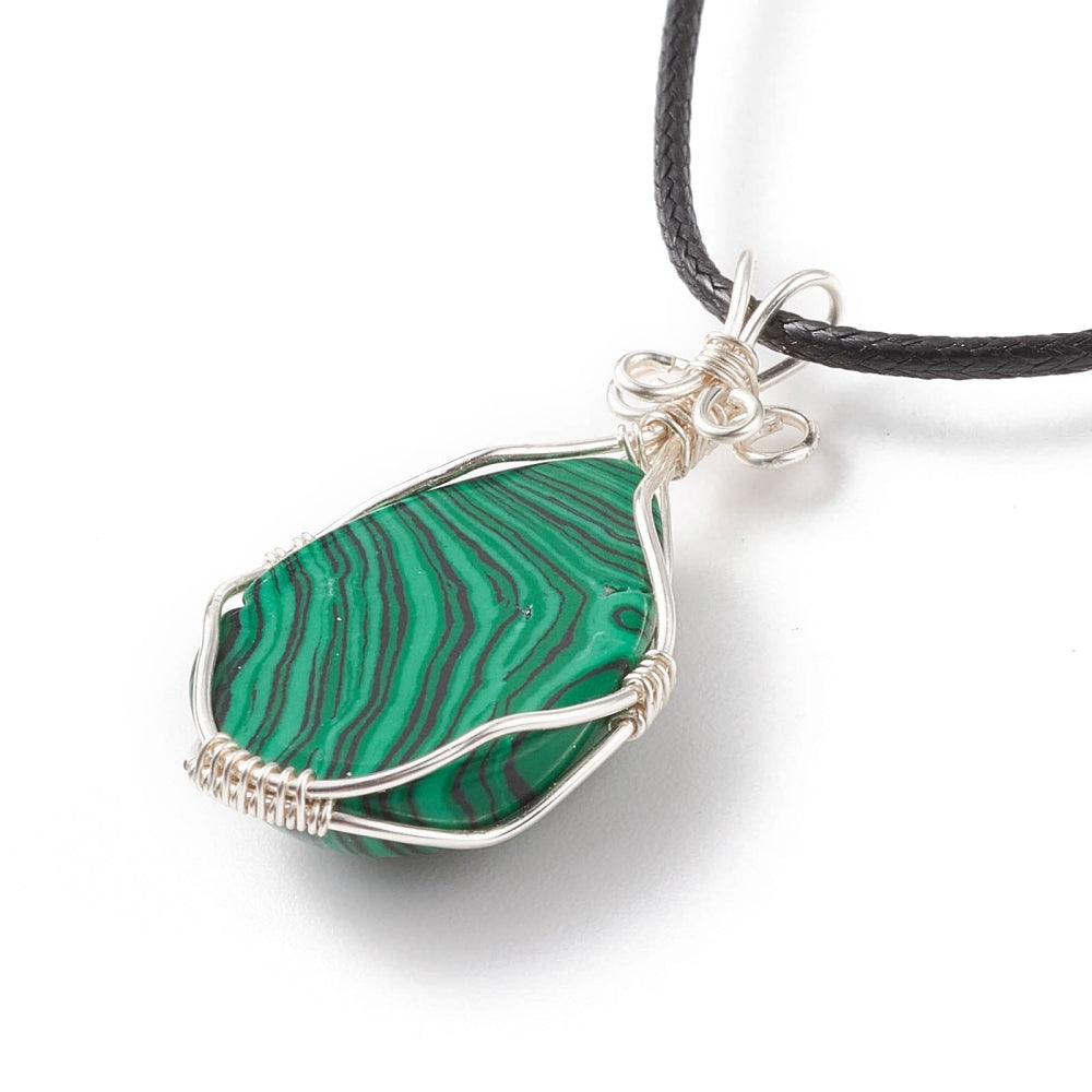 Synthetic malachite teardrop pendant necklace, waxed cord apx. 18" plus extender