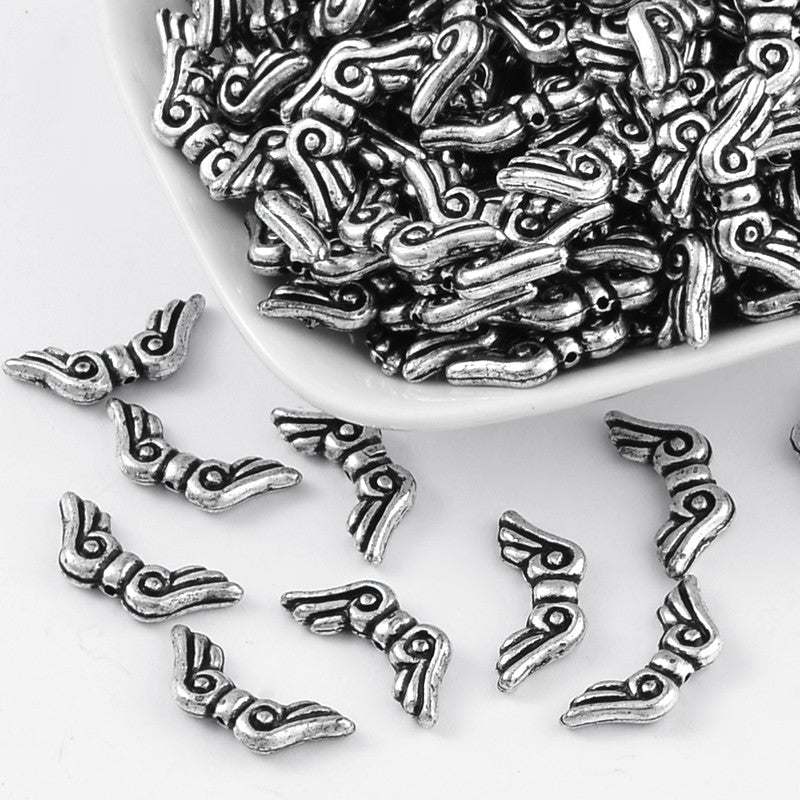 50pcs acrylic angel / fairy wing spacer beads, 21mm x 9mm - Antique Silver tone