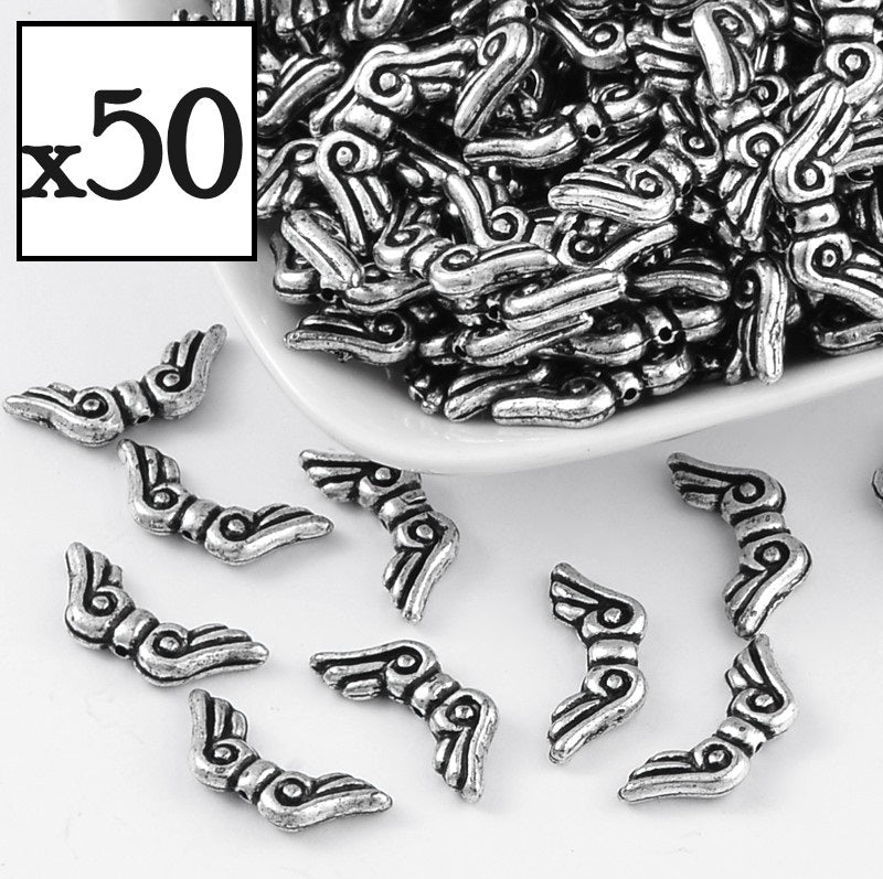 50pcs acrylic angel / fairy wing spacer beads, 21mm x 9mm - Antique Silver tone