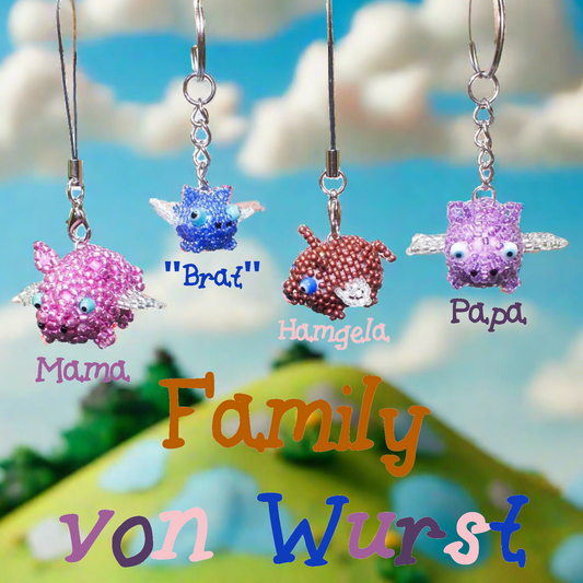 Family Von Wurst - handmade beaded flying piggies (squishy!) on keyring / lanyard! Very limited edition bag charms.