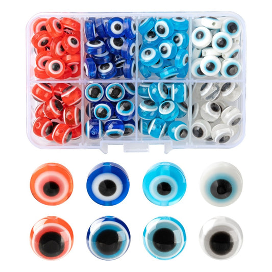 128pcs EVIL EYE 10mm beads in a storage box, round and flat - mixed colours