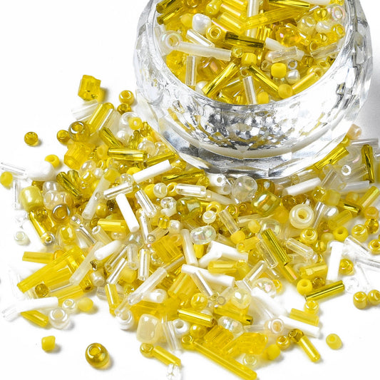 50g - 1kg Seed & bugle mixes - LEMON mix, 1mm~7mm glass beads - yellow, white, clear