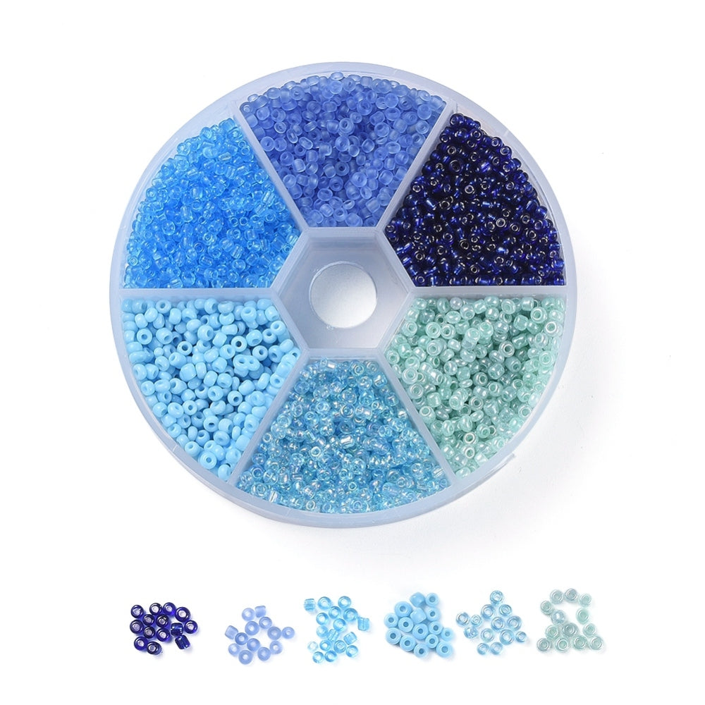 2mm seed bead selection box - blue, assorted styles and finishes