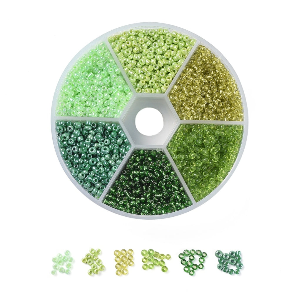 2mm seed bead selection box - green, assorted styles and finishes