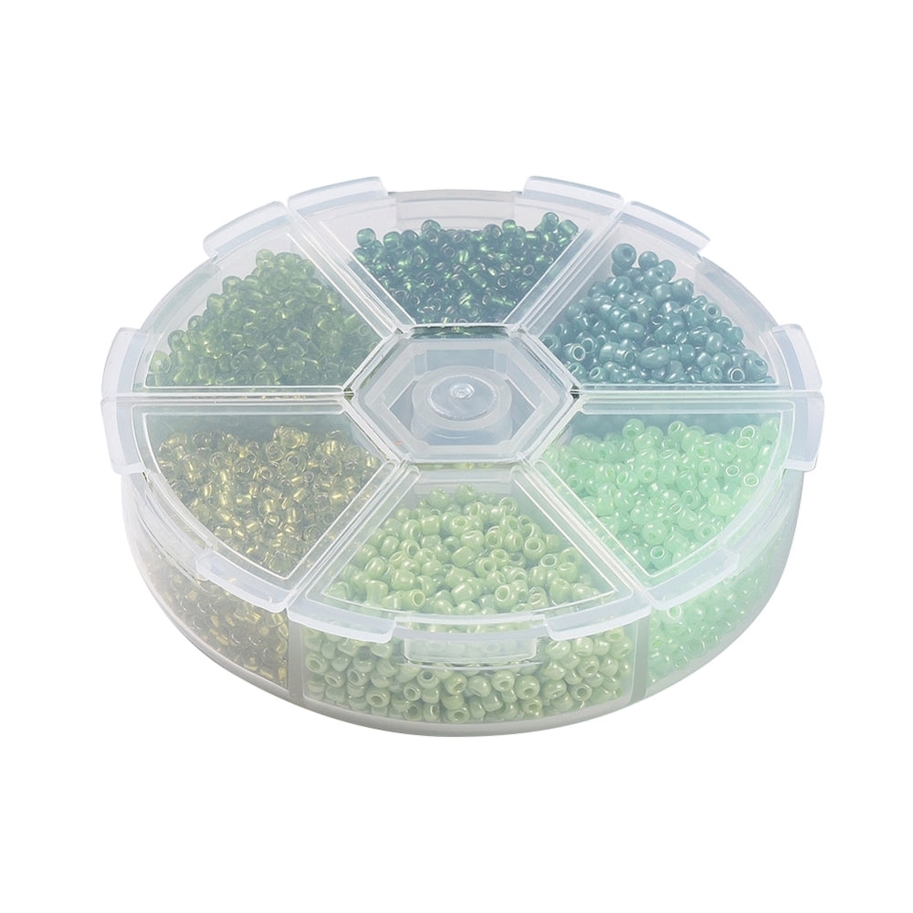 2mm seed bead selection box - green, assorted styles and finishes