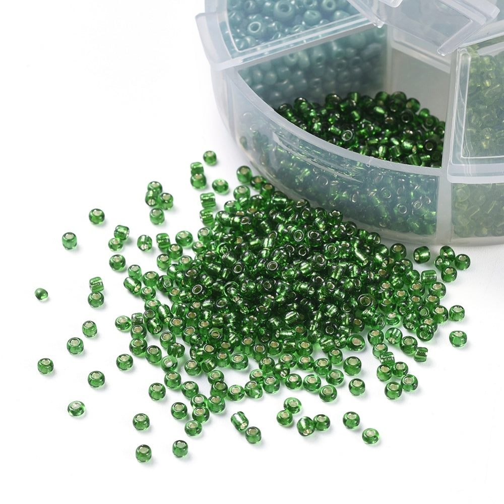 2mm seed bead selection box - green, assorted styles and finishes