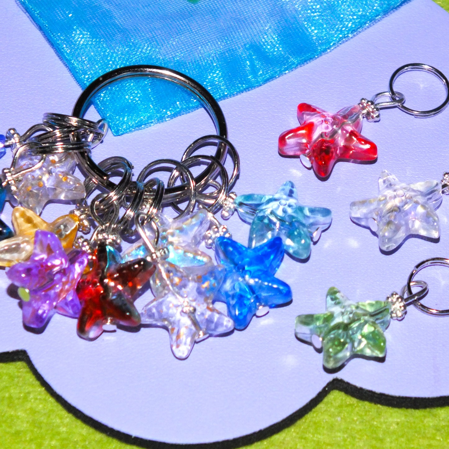 10 Glass star knitting stitch markers mix, on split rings with a keyring.