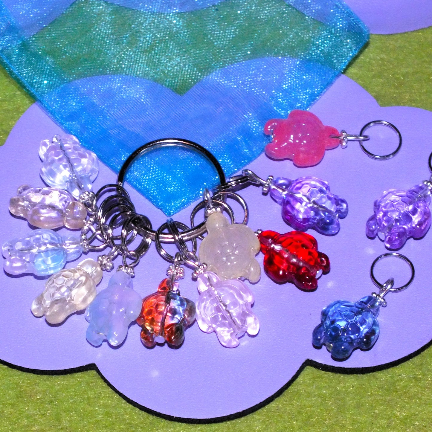 10 Glass turtle knitting stitch markers mix, on split rings with a keyring.