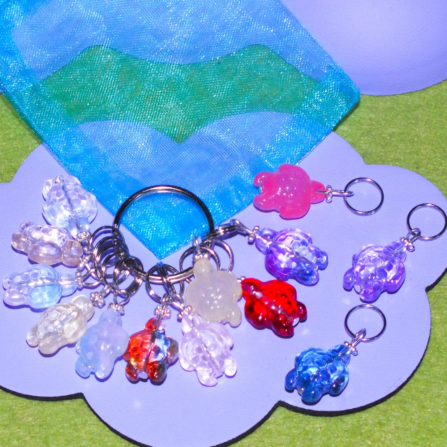 10 Glass turtle knitting stitch markers mix, on split rings with a keyring.
