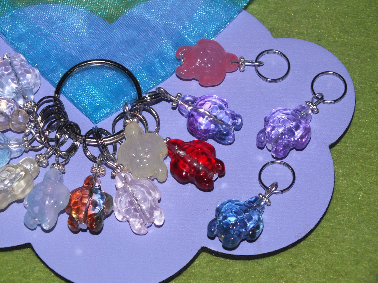 10 Glass turtle knitting stitch markers mix, on split rings with a keyring.