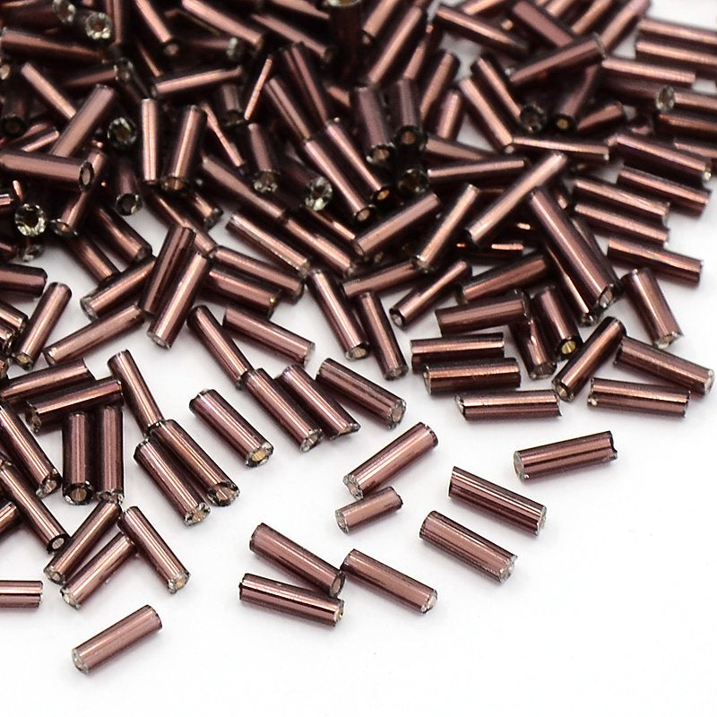 Silver lined rosy brown 6-8mm glass bugle beads, 50g