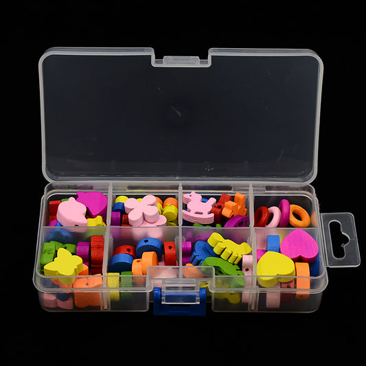 80pcs large wooden bead fun shapes mix box plus reel of elastic - hearts, butterflies, flowers & more