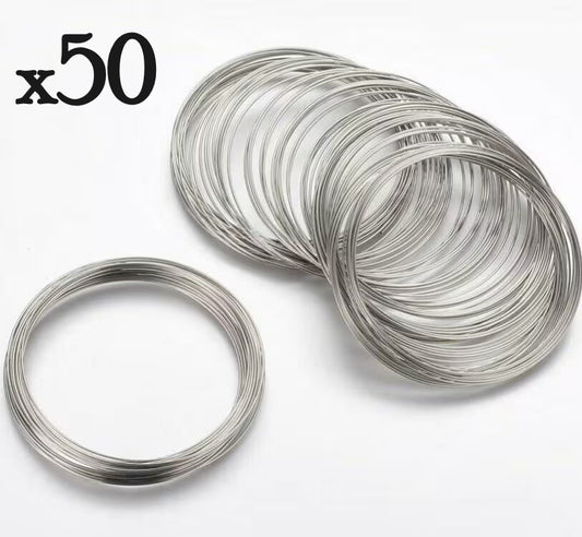 50 loops of memory wire - 50mm diameter silver tone bracelet loop.