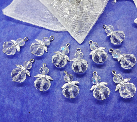 Faceted glass angel charms (12-24pcs, plain, on clasps or lanyards)