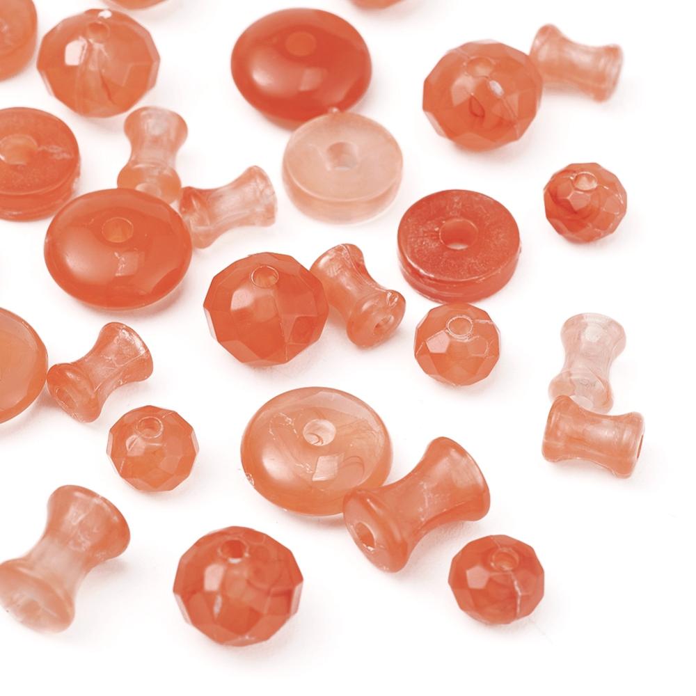 220pcs assorted shapes - coral imitation gemstone bead box. Rondelles, discs, diabolo shapes.