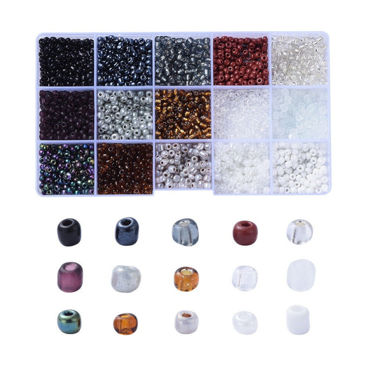 15 colours of 4mm mixed seed beads in a box, 180g - black, white, clear, brown, grey