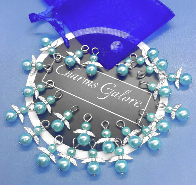 Blue pearl angel charms (24pcs, plain, on clasps or lanyards)