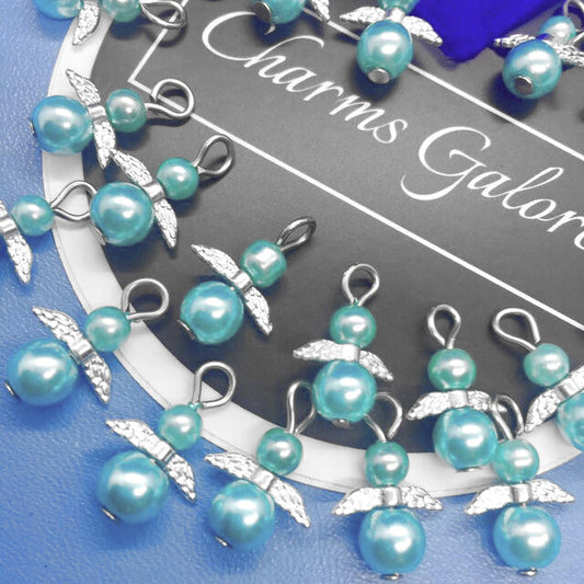Blue pearl angel charms (24pcs, plain, on clasps or lanyards)
