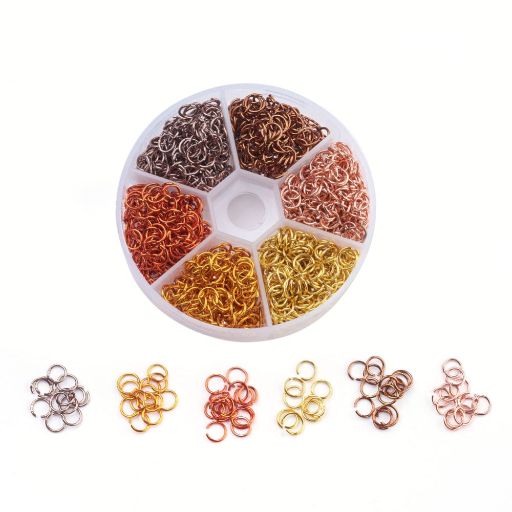 1080pcs multicoloured 6mm aluminium open jump rings, 6 autumn colours.