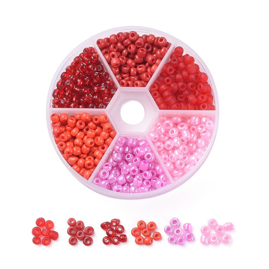 4mm seed bead selection box - red / pink, assorted styles and finishes