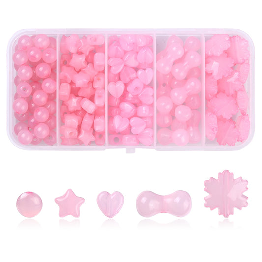 149pcs pink jelly mixed shape beads, acrylic gearts, bone, star, snowflake, round 8mm - 15mm.