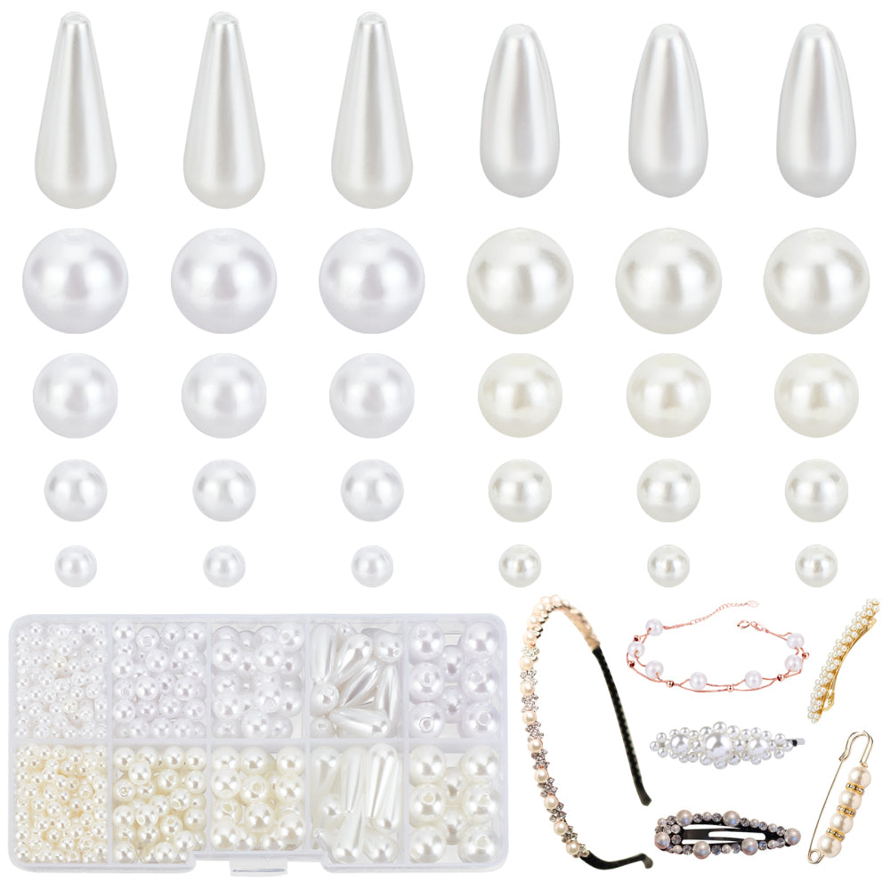 700pcs white pearl beads box, 4-10mm acrylic, snow white and ivory, round & teardrops