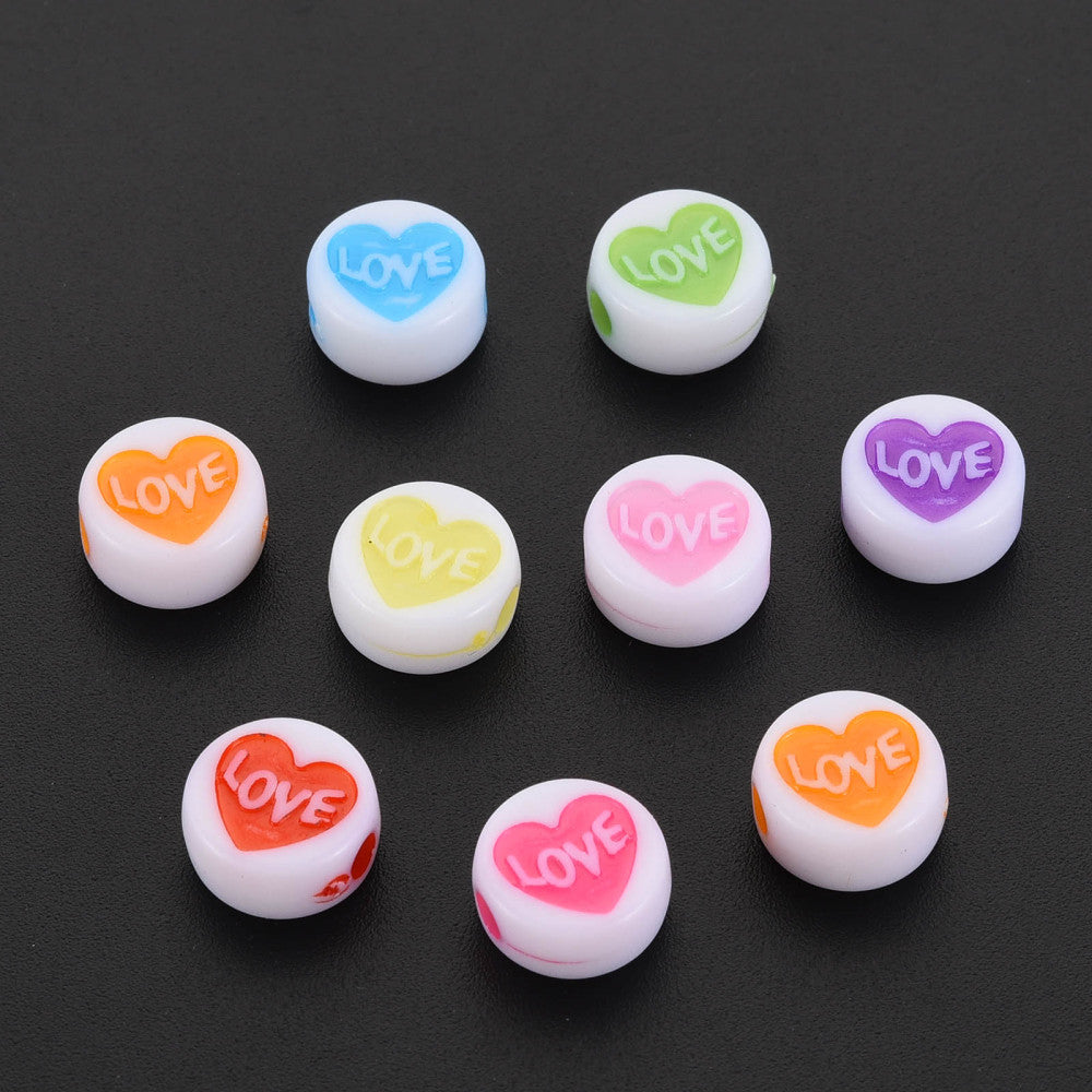 75pcs coin heart beads, flat round with "love" wording, 11x12x5mm