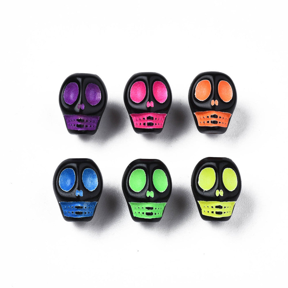 100pcs Skull beads, black with mixed eye colours, 9.5mm x 8mm