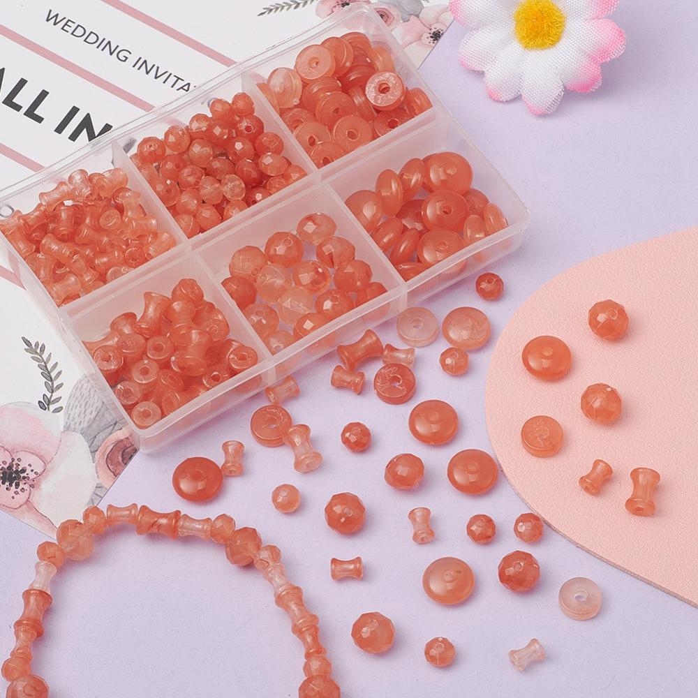 220pcs assorted shapes - coral imitation gemstone bead box. Rondelles, discs, diabolo shapes.