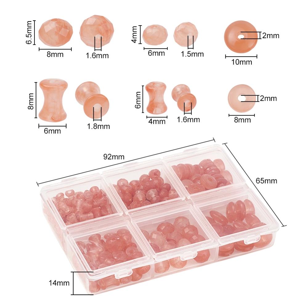 220pcs assorted shapes - coral imitation gemstone bead box. Rondelles, discs, diabolo shapes.