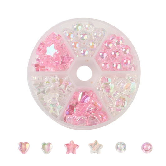 Pink & clear selection box of hearts, stars & round beads, 8mm - 10mm