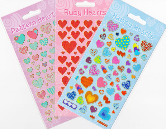 Glittery heart stickers, single sheets or mixed packs of various pretty patterns.