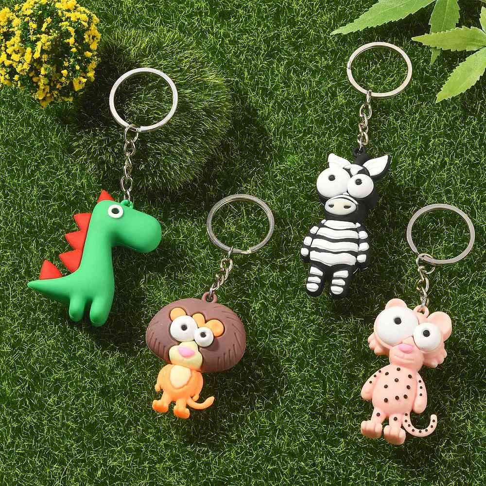 Chunky 3D animal keyrings - Dinosaur, Lion, Leopard, Zebra - colourful PVC