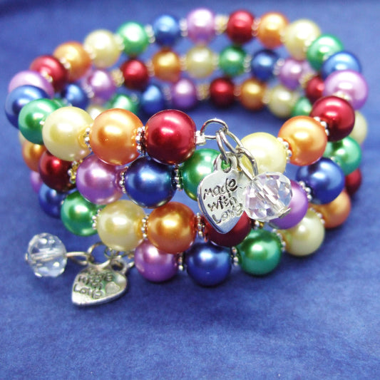 Handmade pride rainbow wraparound pearl bracelet with charms.