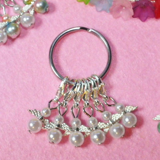 6 White angel stitch markers, handmade, on clasps with keyring.