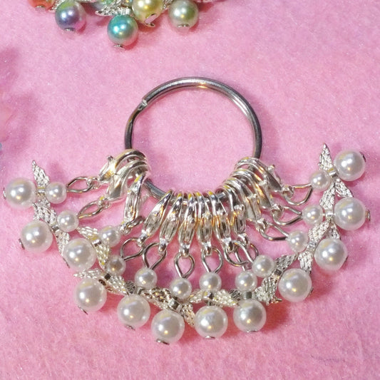 12 White angel stitch markers, handmade, on clasps with keyring.