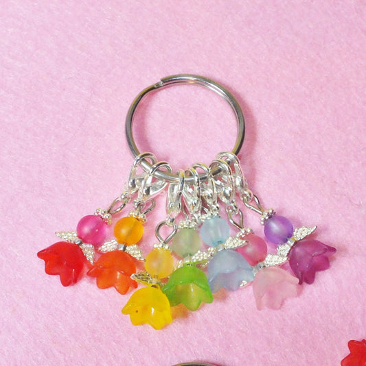 7 Flower rainbow angel stitch markers, handmade, on clasps with keyring.