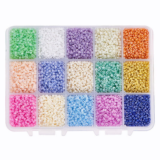 300g pearlised 2mm seed box - 15 colours mixed seed beads, rainbow pearlised mix