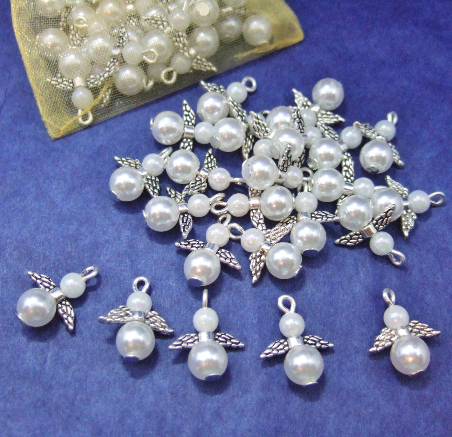 White pearl angel charms (24-250pcs, plain, on clasps or lanyards)