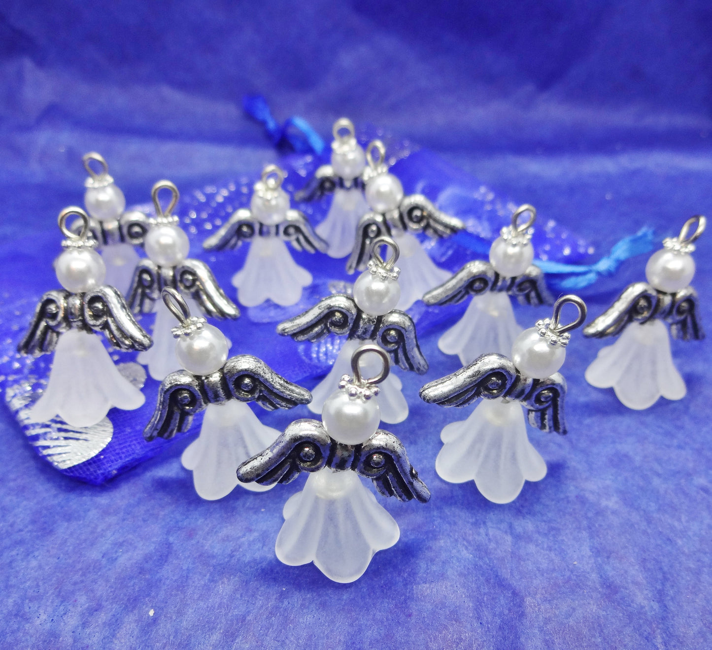 White frosted large angel charms (12-100pcs, plain, on clasps or lanyards)