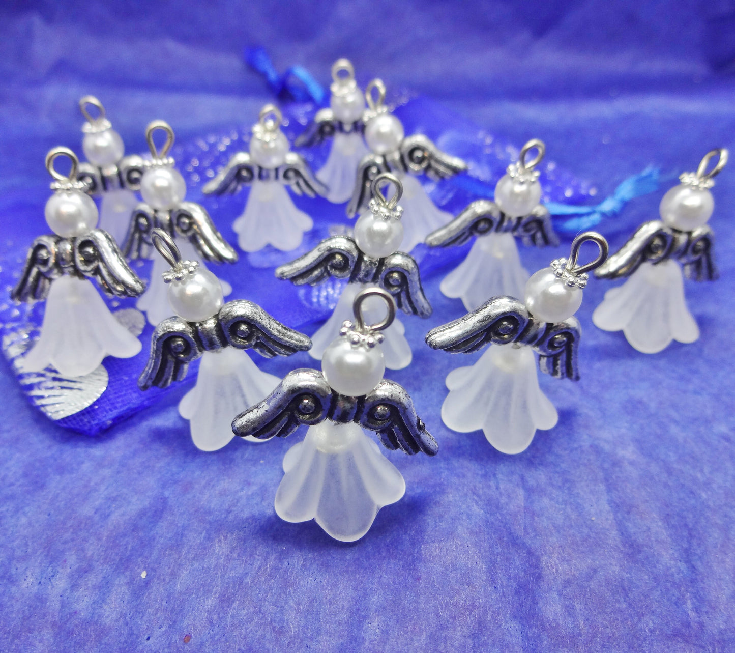 White frosted large angel charms (12-100pcs, plain, on clasps or lanyards)