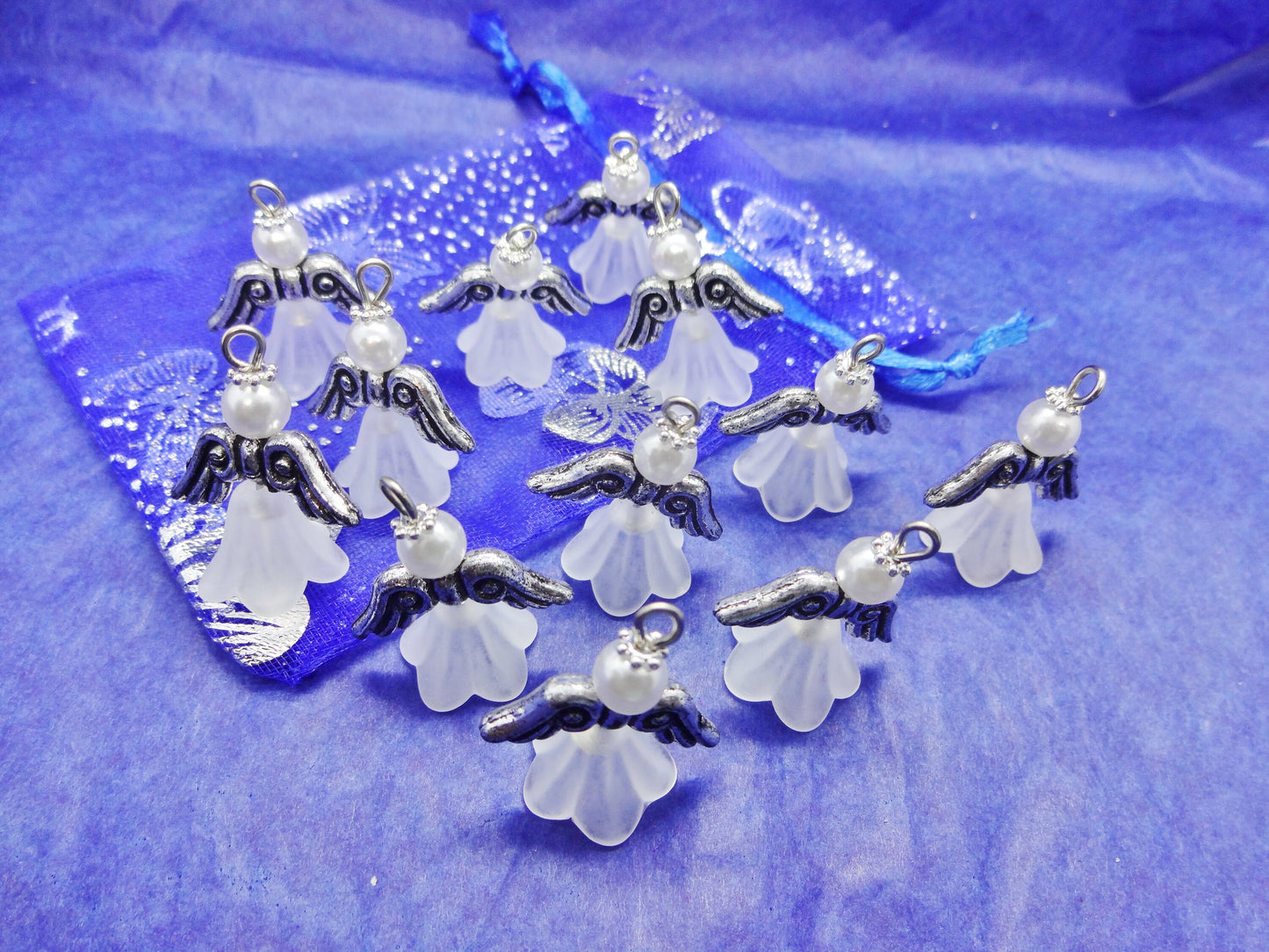 White frosted large angel charms (12-100pcs, plain, on clasps or lanyards)