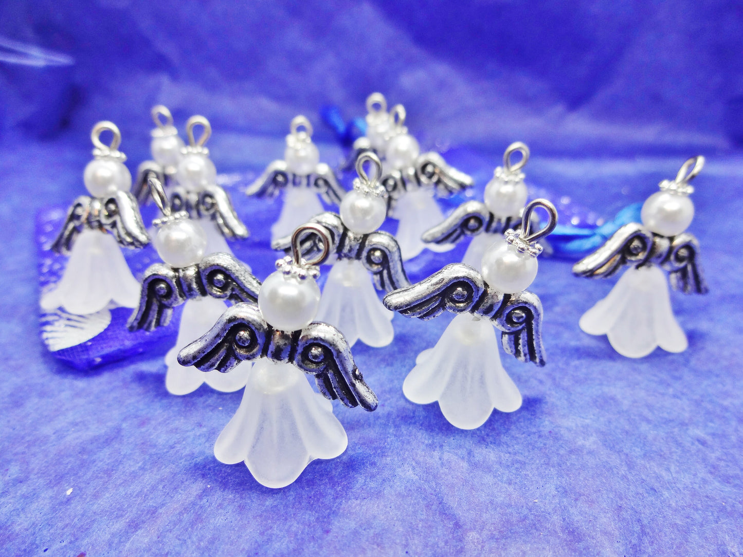 White frosted large angel charms (12-100pcs, plain, on clasps or lanyards)