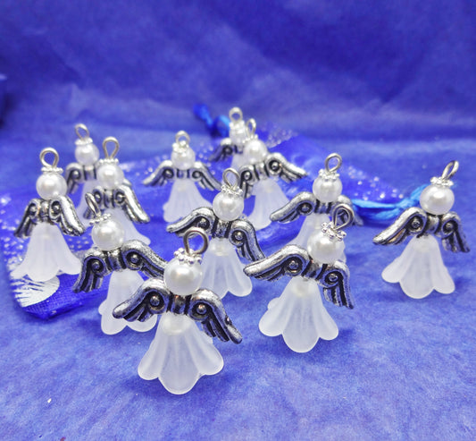 White frosted large angel charms (12-100pcs, plain, on clasps or lanyards)